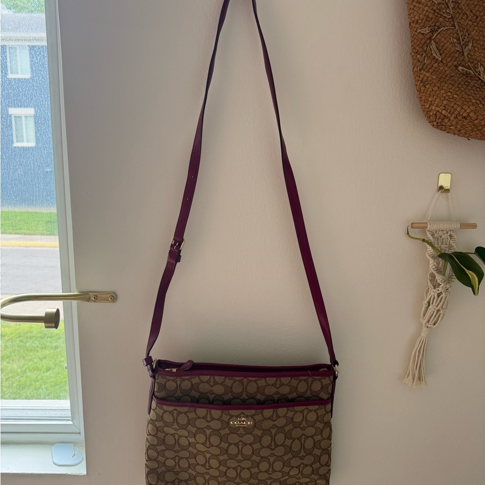 Coach Brown and Purple Crossbody Bag with Signature Monogram